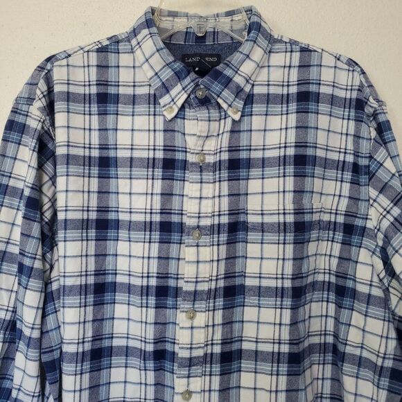 Lands End Men's Flannel Shirt Blue Plaid Traditional Fit Sz XL 17-17.5 - Picture 2 of 15